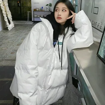 Revestimento do inverno das Mulheres coreano-Americano de Stand Colarinho Ins de Algodão Acolchoado Pão Espessamento do Revestimento Solto Versátil e Casual Tecido de PU Outwear