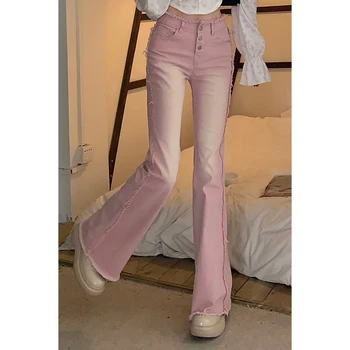 Feiernan 2022 brilho Rosa Calças para as Mulheres Y2k Vintage Feminino Jeans de Cintura Baixa Ins High Street Comprimento Total Calças Moda Fundos de