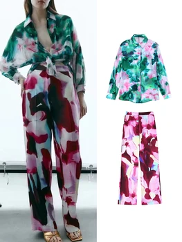 TRAF 2pcs Mulheres com estampa Floral e Calça Camisa de Conjuntos de 2022 Moda Verão virada para Baixo de Gola de Blusa+Zíper Mancha Calças Causal Outwear