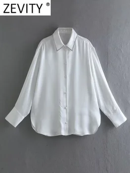 Zevity Mulheres da Moda Diamante virada para Baixo de Gola de Cetim Branco Avental Blusa Senhora do Escritório Camisa Chique Casual Camisa Blusas, Tops LS3098