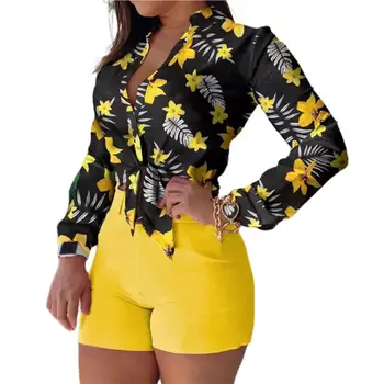 1 Conjunto de Shorts, Camisas para Mulheres Superior 2022 de Impressão Digital Single Breasted Primavera Verão as Mulheres Elegantes Blusas Slim-encaixe Roupa