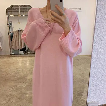 Cor-de-rosa com decote em V Vestido de Malha as Mulheres Solta 2022 Outono Vintage Camisola Longa Vestidos Femininos de Inverno coreano Elegante Malhas Outono