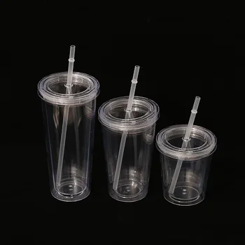 12oz/16oz Garrafas de Água Reutilizáveis Palha Taça de camada de Isolamento de Plástico transparente Copos Com Canudo E Rodada Tampa de 6pcs/set