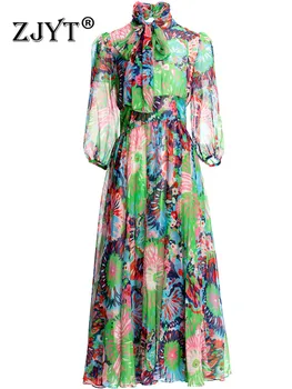 ZJYT Pista estampa Maxi Chiffon Vestido de Verão das Mulheres Arco Gola Estilo Boêmio de Férias de Praia Vestidos Vintage Elegante Vestes