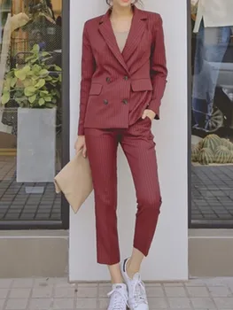 Mulheres de Primavera do Elegante Blazer Casual Pantsuits Jaqueta Listrada & Lápis, Calça de 2 peças de Conjunto Senhora de Negócio Formal de Calças de Terno