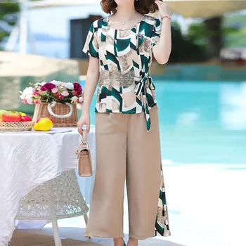 Elegante Moda de Impressão de Folhas de Calça de Conjuntos de Verão 2022 Novo período de Férias de Manga Curta-O-Pescoço T-shirt, Calças Soltas de Vestuário feminino