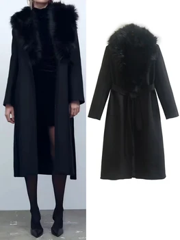 Mulheres Casual de Inverno de Lã Mistura Sobretudo a Coats 2022 Moda Preto de gola de Pele Feminino e Elegante Rua Vestuário Vestuário