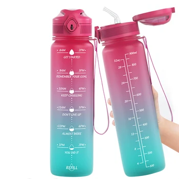 Lunidry Garrafas de Água Com Palha Marcador de Tempo 1L de Motivação Jarro de Água Livre de BPA Estanque Grande Capacidade Exterior Gradiente