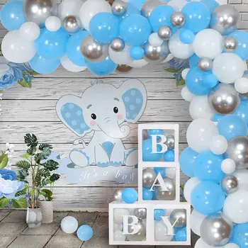 Elefante do Chuveiro de Bebê Decorações do Partido Balão Garland Arco Kit de Cinza Azul de pano de Fundo Bebê Caixas para os Meninos da Festa de Aniversário de Suprimentos