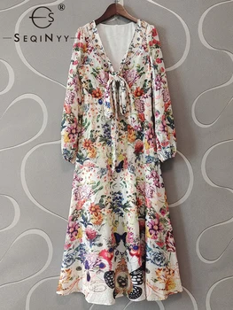 SEQINYY Boêmio Midi Vestido de Verão, Primavera Novo Design de Moda as Mulheres Pista de Rua de Alta Vintage Flor Colorida Impressão Casual