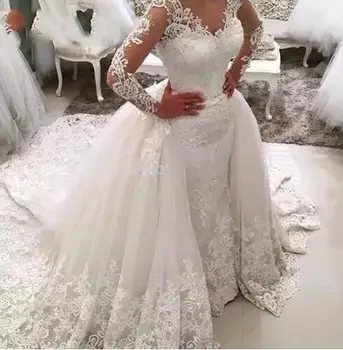 Vestido de noiva Laço da Sereia Vestido de Noiva com Saia Destacável sem encosto de Manga Longa Arábia saudita de Noiva, Vestidos de Casamento Dubai
