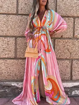 Biquini Tampa Ups Boho Impressão Maxi Vestido para as Mulheres de Verão de Praia Boêmio Túnica Sexy de Praia, Vestido Longo, Vestido Feminino