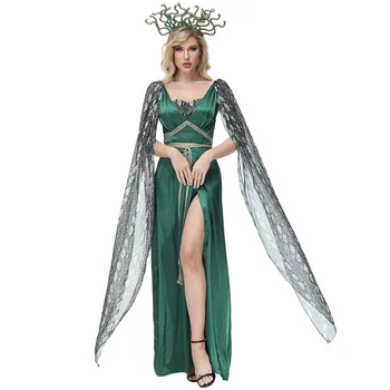 Mitologia Grega Medusa Cosplay Traje Medusa Verde Alta Dividir Longo Vestido De Trajes De Festa
