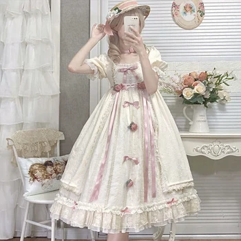 Elegante Lolita OP Vestido de Mulher Kawai Arco Laço Princesa de Manga Curta Vintage Vestidos de Menina Doce Vitoriana Tea Party Mini Vestidos