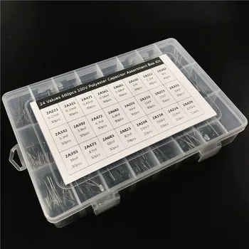 24Value 660pcs capacitor kit de 100V 2A221J para 2A474J Filme de Poliéster capacitor Sortidas Kit com caixa de armazenamento