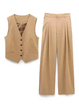 KLKXMYT TRAF Mulher 2 Peças Coletes Conjuntos de Calças De 2023 Nova Moda Veste Terno Reta Calças Casuais Duas Peças de Conjunto de Mulheres de Roupas