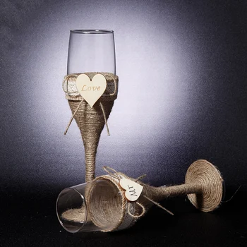2Pcs Conjunto Casamento de Vidro Personalizadas de Casamento Copos de Noiva Champanhe Brinde Flautas de Estopa Laço Rústico Flautas Vinho Taça de Vinho