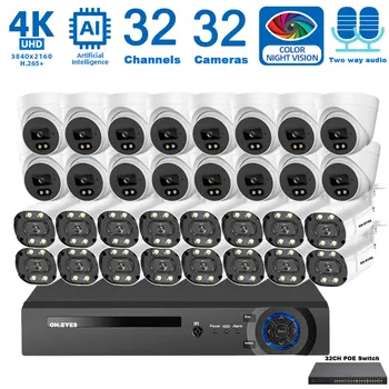 32CH CCTV Câmera de Segurança do Sistema Kit Completo de Cores de Visão Noturna 4K POE NVR Kit Duas Vias de Áudio de Vídeo IP, Sistema de Câmera de Vigilância