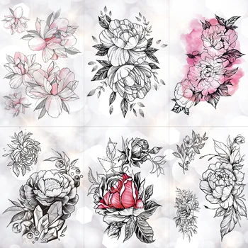 Esboço De Flor De Peônia Rosa Impermeável Tatuagem Temporária Adesivo Preto Tatuagens De Arte No Corpo, Braço, Mão Da Menina Mulheres Falsa Tatoo