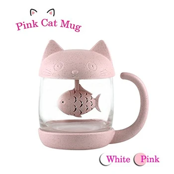 Gato de Vidro Caneca de Chá Copo com Peixes Infusor de Chá de Filtro Filtro de 250ML (Branco)(cor-de-Rosa)