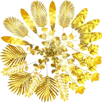 5Pcs Ouro Artificial de Folhas de Palmeira de Seda Folhas de Eucalipto Artificial Deixa Para a Tabela de Decoração de Casamento, Festa de Aniversário, Decoração Home