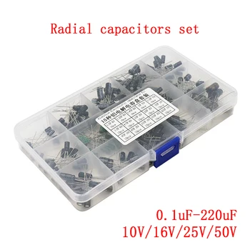 200pcs/monte Radial capacitores conjunto 15Values 0.1 uF-220uF Capacitor Eletrolítico Variedade Kit 10V/16V/25V/50V capacitor pack