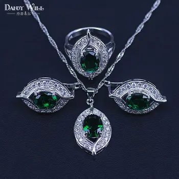 Olhos Cor de Prata Jóias de Fantasia Mulheres de Jóias de Casamento Conjuntos de Verde Zircão Brincos Colar Conjunto de Anéis de Caixa de Presente