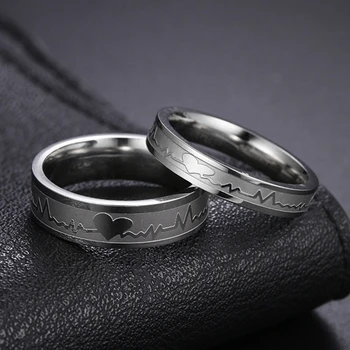Moda de Titânio de Aço ECG dois Anéis em Forma de Coração de Titânio de Aço de Homens e Mulheres Anéis de Casamento, Anéis de Noivado de Jóias