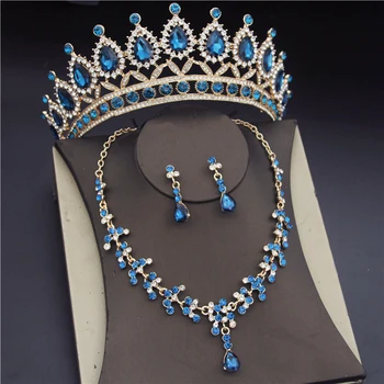 Luxo Cristal Azul Nupcial Conjuntos de Jóias para as Mulheres a Moda Tiaras, Brincos, Colares Conjunto Casamento Coroa Colar de Noiva Conjunto