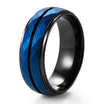 De Casamento do tungstênio Banda Black & Blue Escovado Martelo de Carboneto de Tungstênio Anel de 8mm Facetada Homens Mulheres Engajamento Ajuste de Conforto