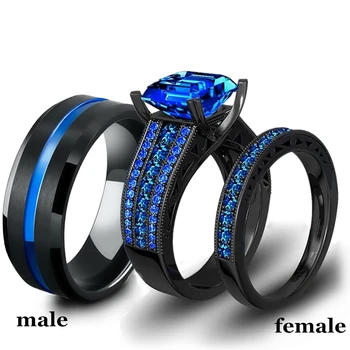 Moda Jóias Amantes Anéis de Mulheres de Azul de Zircão Anel de Noivado Conjuntos de Homens de Aço Inoxidável Banda de Casamento Presente de Aniversário