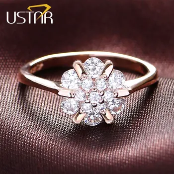 USTAR Flor Zircão Anéis de casamento para as mulheres, jóias Áustria Cristais cor do Ouro de Rosa Anéis de noivado Anel Feminino bijoux presente