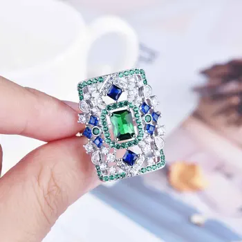 ArtDeco Design Vintage Cor De Prata Anéis Para As Mulheres Quadrado Oco Forma De Simulação De Esmeralda, Aniversário De Casamento, Presentes De Jóias