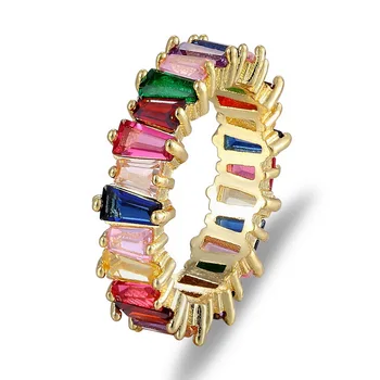 Moderno, Fino Baguette T Anel de Noivado feito a mão do arco-íris CZ Anéis de Cobre Para as Mulheres a Moda Dedo Acessórios Anjo Banda de Casamento