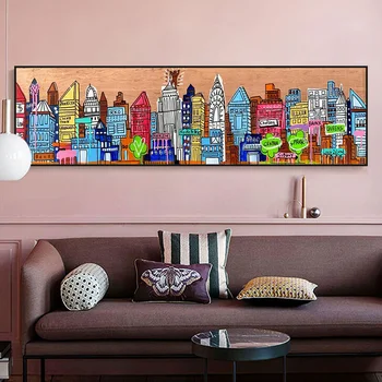 Colorido da Cidade de Nova York Lona da Pintura a Óleo Abstrata Landcape Pôster e Impressão de Arte de Parede de Imagem para a Sala de Decoração de Casa