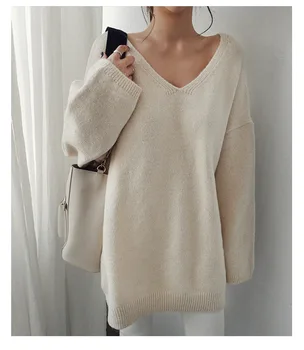 V-neck sweater mulheres soltas pulôver gray22