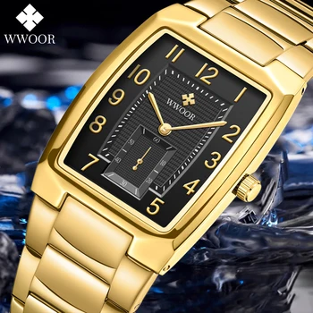 Relógios Mens Top de marcas de Luxo WWOOR Novo Design Quadrado de Negócios Com Aço Inoxidável de Quartzo Homens Relógio de Pulso Relógio Masculino