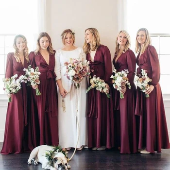 2022 Simples de Uma Linha Longa de Dama de honra Vestidos Formais Completo Com Mangas de Cetim V Profundo Decote em Festa de Casamento Vestidos de Baile Vestido de платье