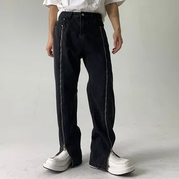 Homens Reta Zíper Streetwear Hip Hop Fashion Vibe Vintage Solto E Casual Calças Jeans, Calças De Homem Coreano Estilo De Calça Jeans Preta, Calças