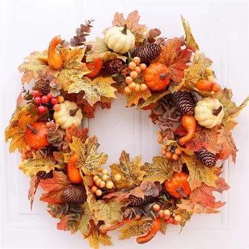 Outono Porta De Grinalda De Natal, Decoração De Halloween Abóbora Berry Pinha Maple Artificial Coroa De Flores De Pano De Vime, Material De Casa
