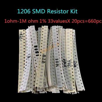 1206 Resistor SMD Kit Kit Sortido de 1ohm-1M ohms 1% 33valuesX 20pcs=660pcs Kit de Amostra