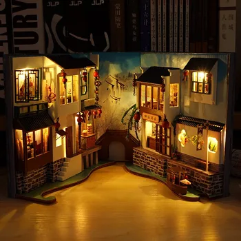 DIY Livro Recanto de Prateleira Inserir Kits em Miniatura Casa de bonecas Com os Móveis Roombox Bookends Modelo de Construção de Brinquedos de Meninas Presentes Casa Decoração
