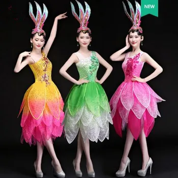 chinês nacional de dança de vestido para as mulheres flor de dança vestido colorido de dança festival de dança vestido de ano novo de desempenho do vestuário