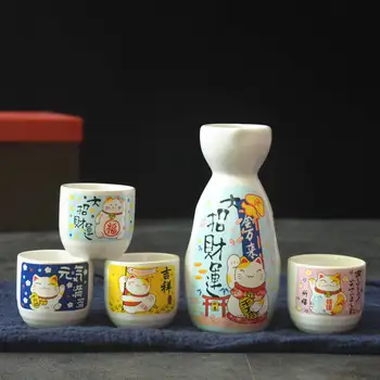 5-Peça De Vinho Do Conjunto De Cerâmica De Estilo Japonês Causa Copos De 16 De Padrão De Maneki Neko Sakura Sorte Gato Bebendo Vinho Copa Garrafa