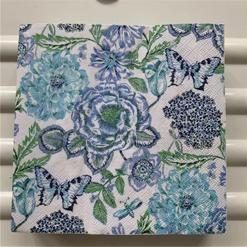 Decoupage guardanapo de papel elegante tecido vintage toalha azul borboleta de flor de aniversário, festa de casamento bonita, guardanapos, decoração de 20