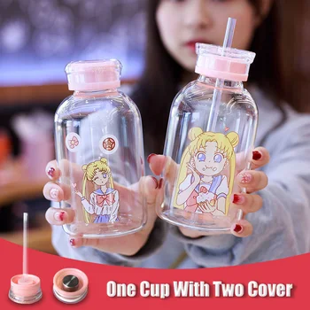 Kawaii Vidro Taza Sailor Moon Garrafas de 450ml Kawaii Sopa Copo Bonito Garrafa de Bebida de Copos de Vidro de Garrafa de Água Com Palha Copos de tequila