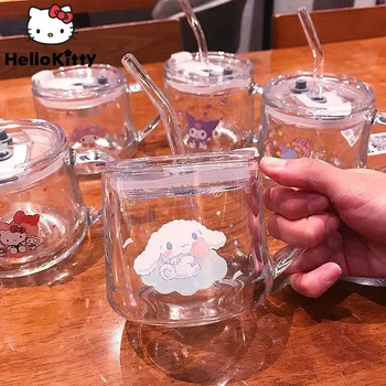 Cartoon Anime Sanrio Vidro Palha Copo Com Tampa Melodia Kuromi Cinnamoroll Crianças De Leite Copo De Água Copo De Meninas Café Pequeno-Almoço Copa