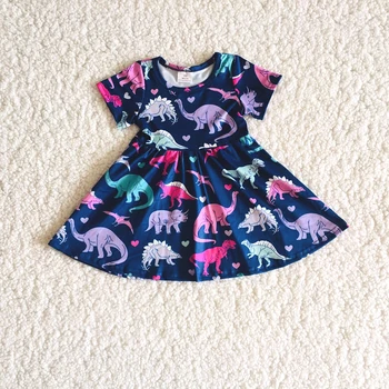 Garota Verão De Manga Curta, Vestidos De Criança Bebês De Dinossauro Bonito Padrão Frocks Desenhos De Costura Espiralado Saia De Terno