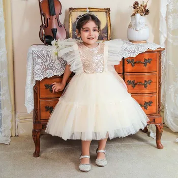 2022 Verão Criança Menina 1º Aniversário do Vestido de Roupas de Bebê Grande Arco sem encosto de Lantejoulas Batismo Festa de Princesa Vestidos de Noiva Traje
