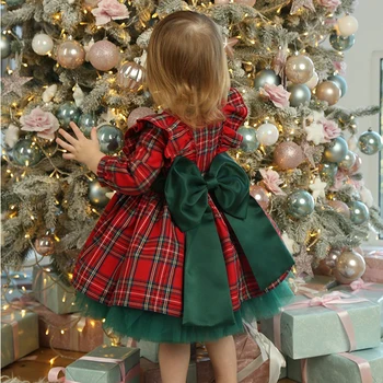 Novo 6M-5 Anos Vestido de Natal Para as Meninas da Criança Vermelho e Verde em Xadrez de Arco Vestidos Para Menina Xmas Party Princesa Trajes de Roupas